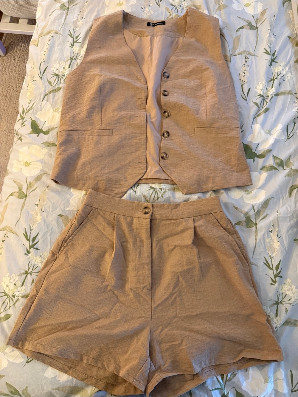 Tailored Tan High-Waist Bermuda Shorts - Coordinating Vest Set
